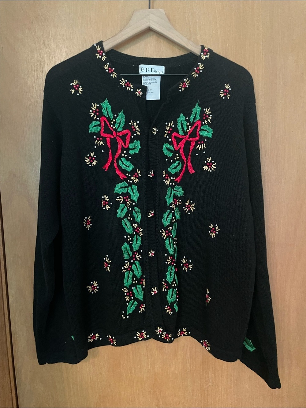 Vtg BP Design Holly Bows Christmas Sweater Cardigan EUC Size XL